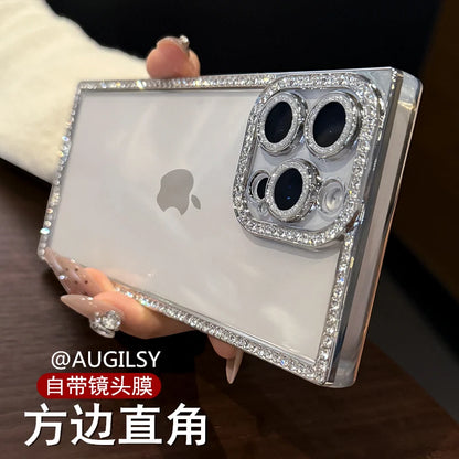 Luxury Plating Diamond Bling Case for iPhone 13–17 Pro Max/Air – Shockproof Square Cover