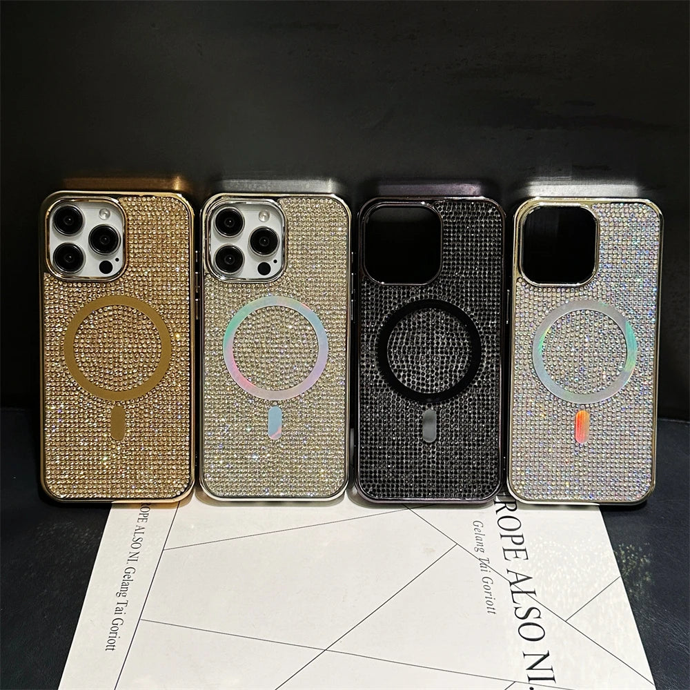 Original MagSafe Diamond Pattern Case for iPhone 11–17 Pro Max/Plus – Shiny Bling Cover