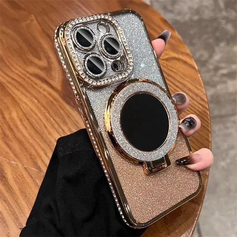 Luxury Diamond Glitter MagSafe Case with Mirror Stand for iPhone 11–17 Pro Max