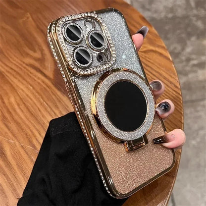 Luxury Diamond Glitter MagSafe Case with Mirror Stand for iPhone 11–17 Pro Max
