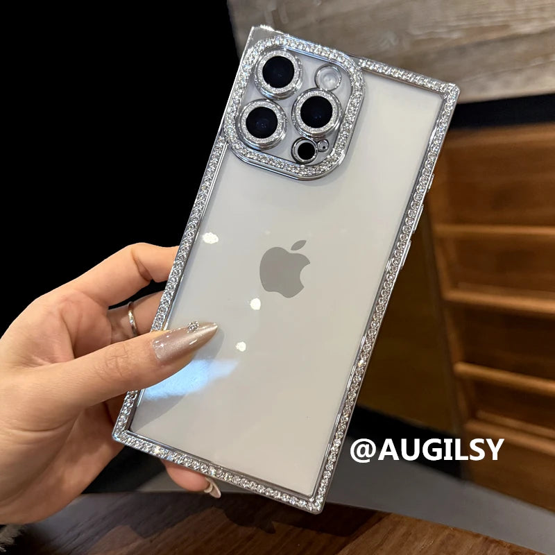 Luxury Plating Diamond Bling Case for iPhone 13–17 Pro Max/Air – Shockproof Square Cover