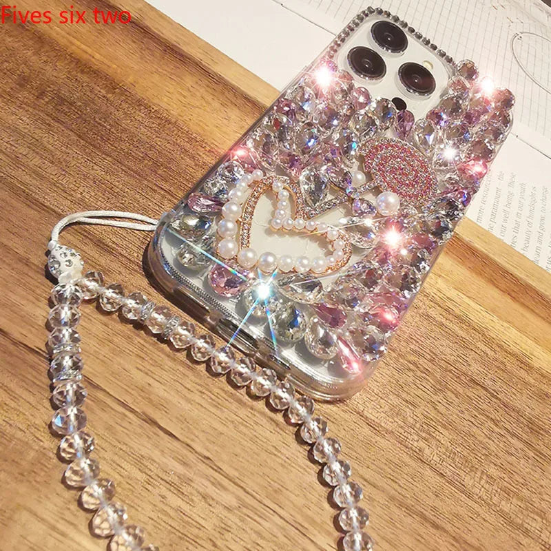 Luxury Bling Lollipop Rhinestone Case with Strap for iPhone 11–17 Pro Max/Air/Plus