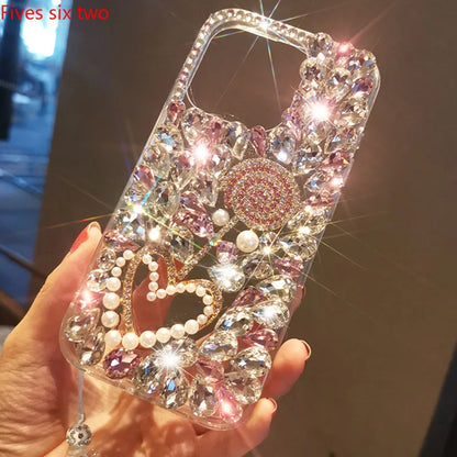 Luxury Bling Lollipop Rhinestone Case with Strap for iPhone 11–17 Pro Max/Air/Plus