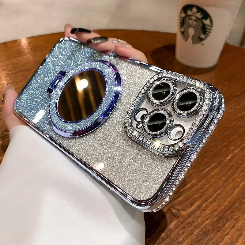 Luxury Diamond Glitter MagSafe Case with Mirror Stand for iPhone 11–17 Pro Max