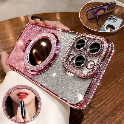 Luxury Diamond Glitter MagSafe Case with Mirror Stand for iPhone 11–17 Pro Max