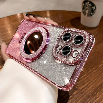 Luxury Diamond Glitter MagSafe Case with Mirror Stand for iPhone 11–17 Pro Max