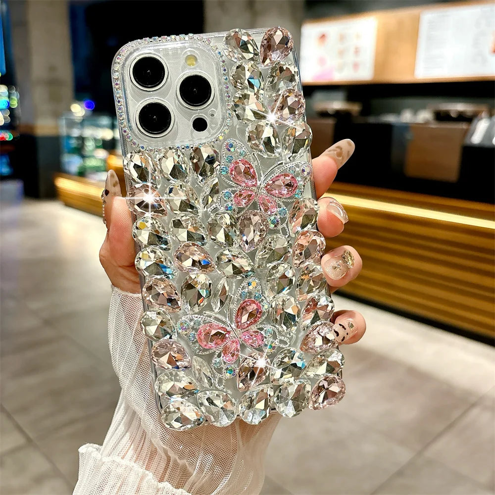 Luxury Glitter Butterfly Rhinestone Case for iPhone 11–17 Pro/Pro Max – Full Bling Cover