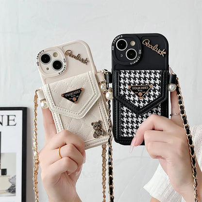 Cute Bling Bear Diamond Crossbody Card Holder Case for iPhone 7–17 Pro Max