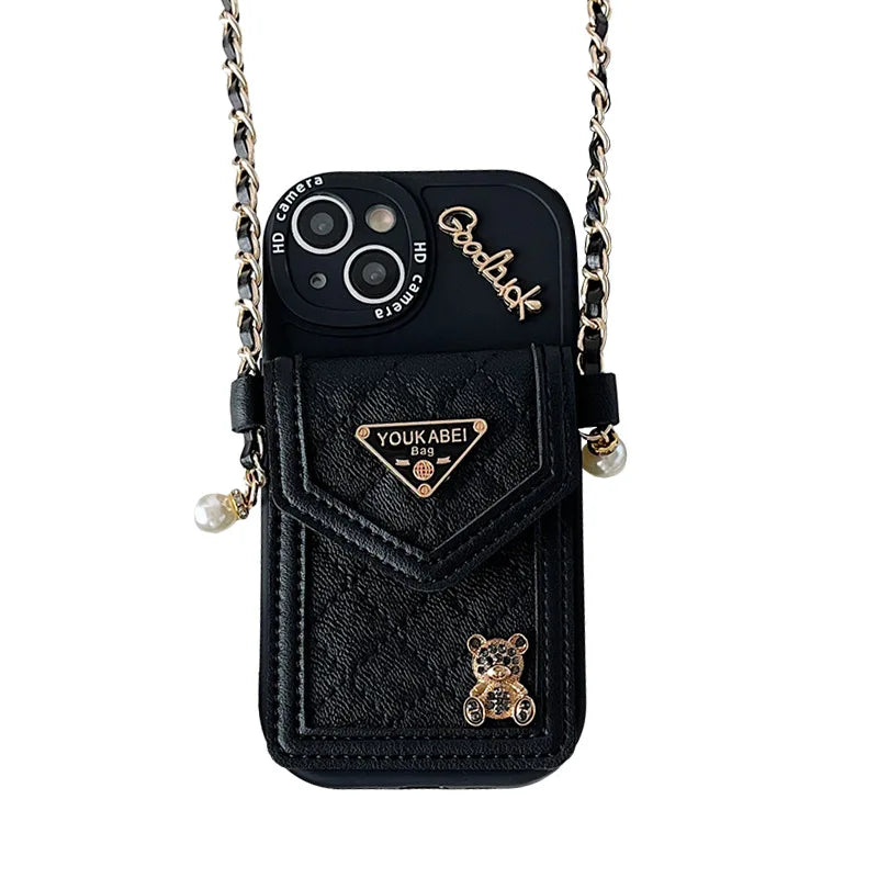 Cute Bling Bear Diamond Crossbody Card Holder Case for iPhone 7–17 Pro Max