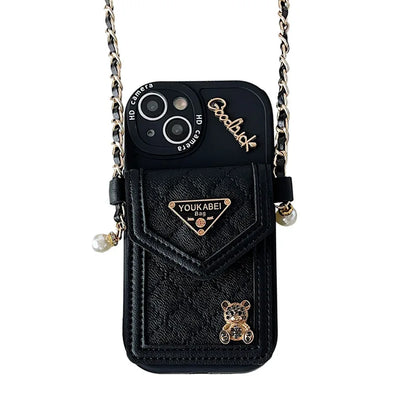 Cute Bling Bear Diamond Crossbody Card Holder Case for iPhone 7–17 Pro Max