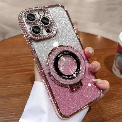 Luxury Glitter Rhinestone Case with Magnetic Holder & Lens Film for iPhone 12–17 Pro Max/Air