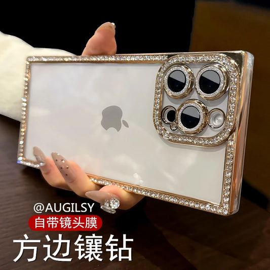 Luxury Plating Diamond Bling Case for iPhone 13–17 Pro Max/Air – Shockproof Square Cover