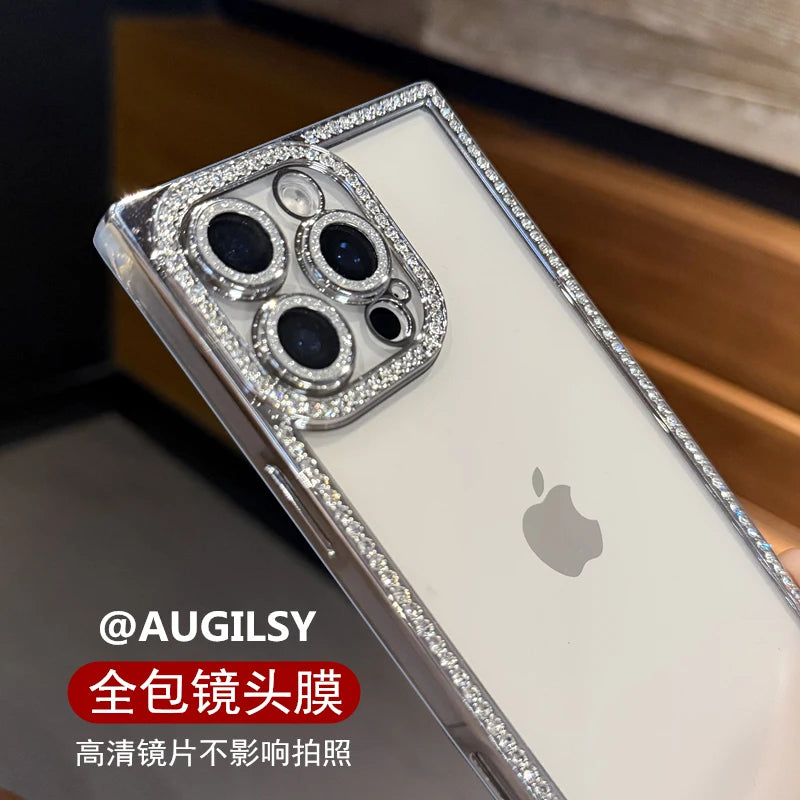 Luxury Plating Diamond Bling Case for iPhone 13–17 Pro Max/Air – Shockproof Square Cover