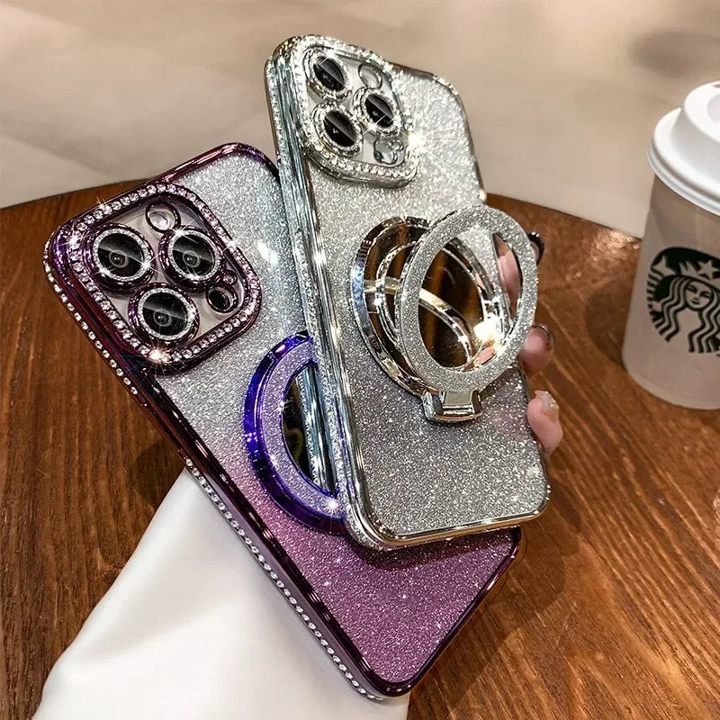 Luxury Diamond Glitter MagSafe Case with Mirror Stand for iPhone 11–17 Pro Max