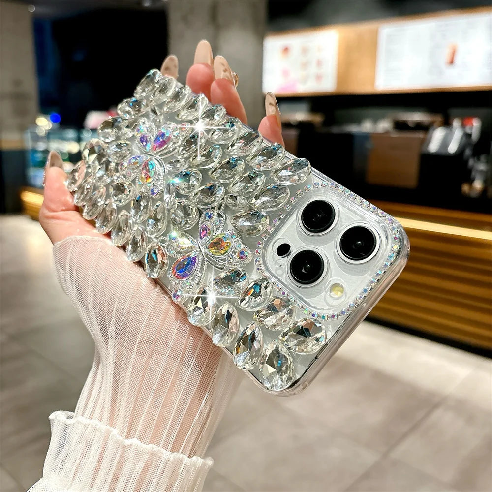 Luxury Glitter Butterfly Rhinestone Case for iPhone 11–17 Pro/Pro Max – Full Bling Cover