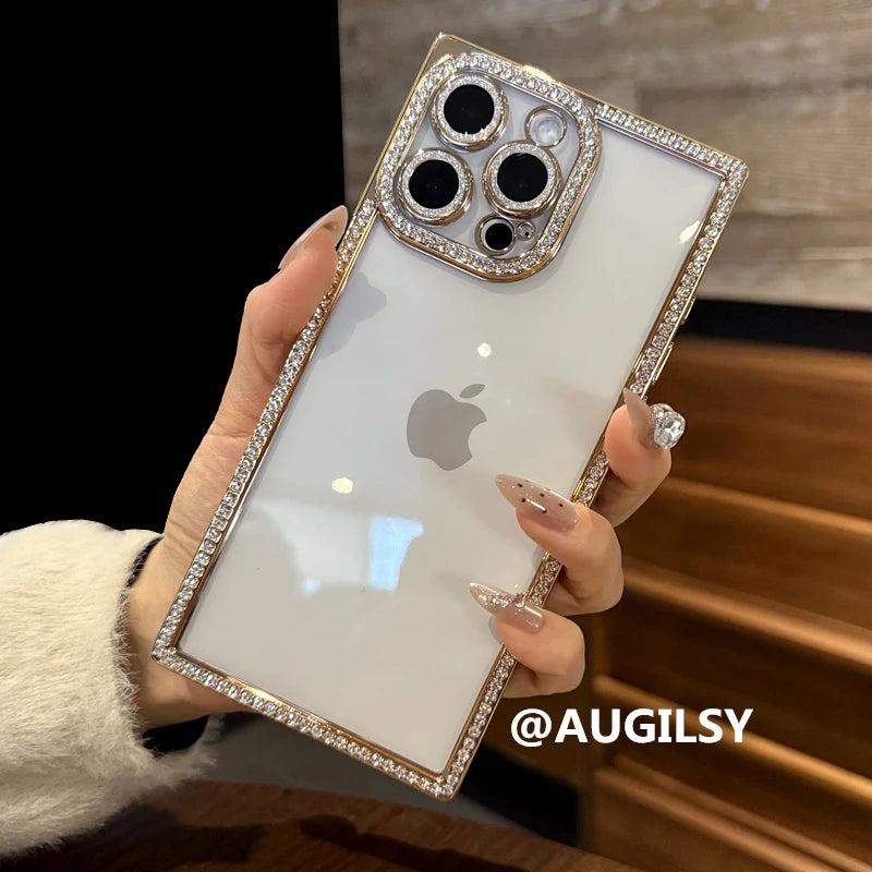 Luxury Plating Diamond Bling Case for iPhone 13–17 Pro Max/Air – Shockproof Square Cover