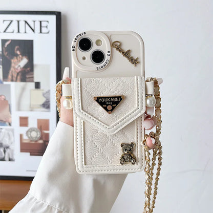 Cute Bling Bear Diamond Crossbody Card Holder Case for iPhone 7–17 Pro Max