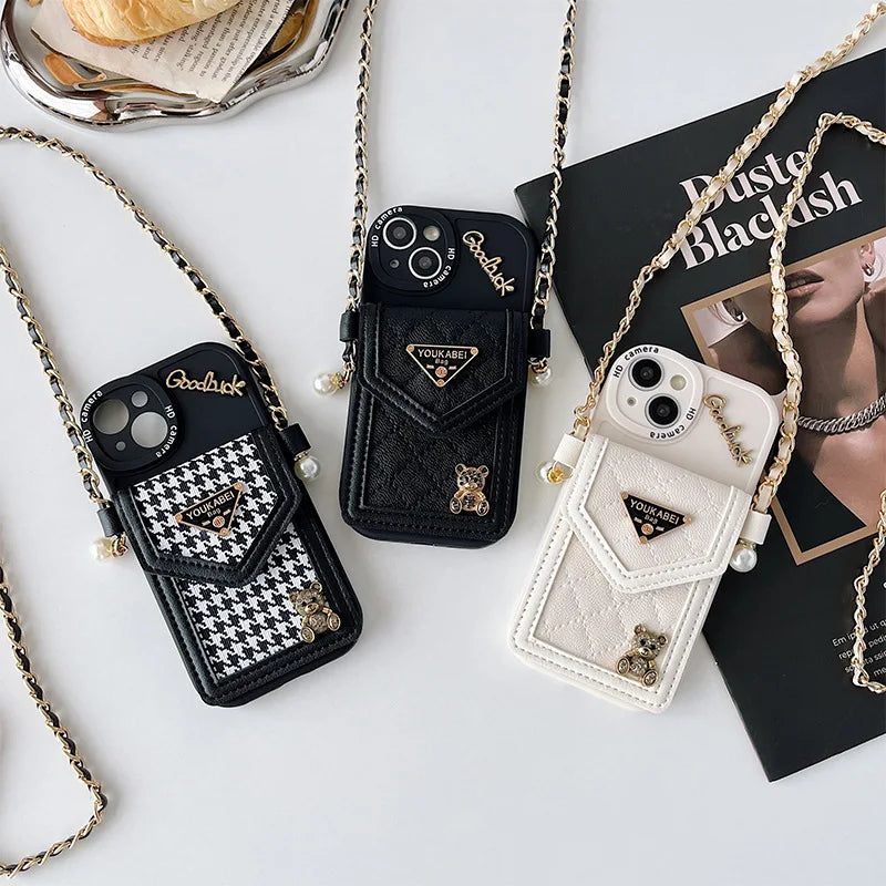 Cute Bling Bear Diamond Crossbody Card Holder Case for iPhone 7–17 Pro Max