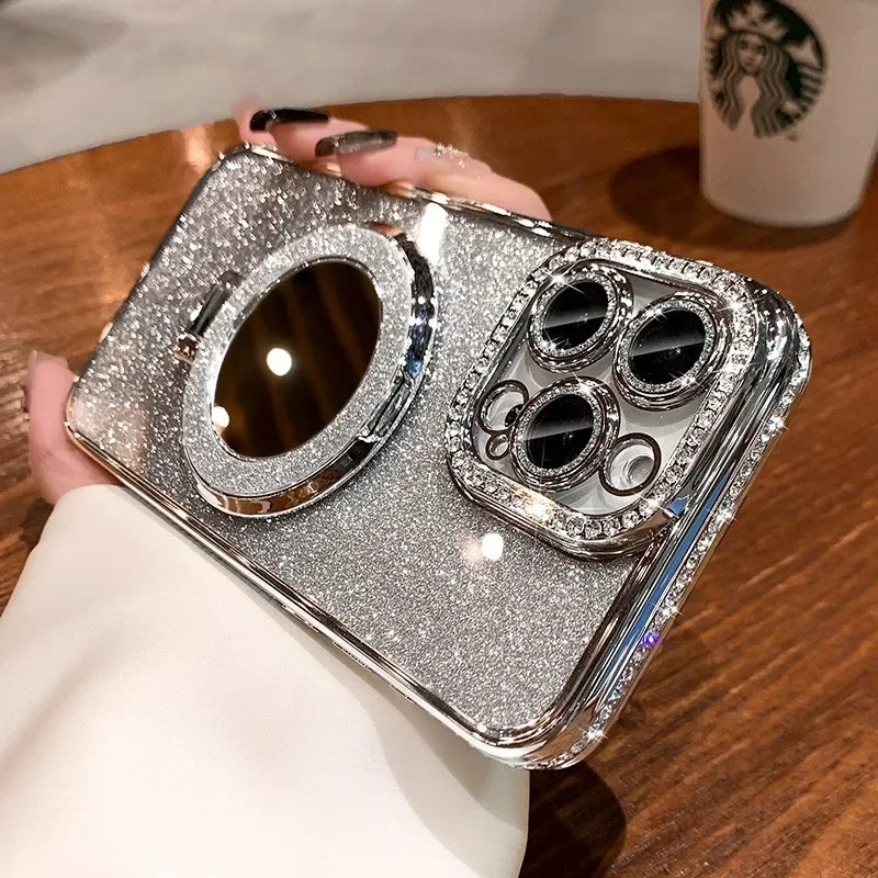 Luxury Diamond Glitter MagSafe Case with Mirror Stand for iPhone 11–17 Pro Max