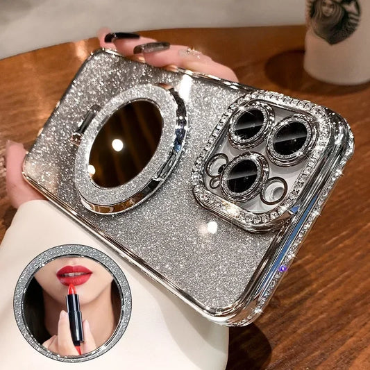Luxury Diamond Glitter MagSafe Case with Mirror Stand for iPhone 11–17 Pro Max