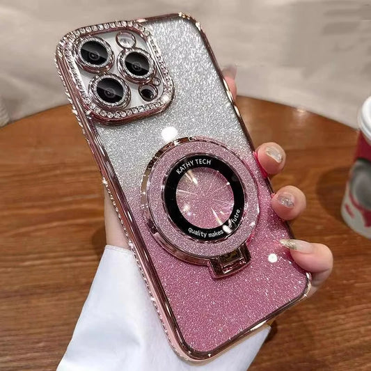 Luxury Glitter Rhinestone Case with Magnetic Holder & Lens Film for iPhone 12–17 Pro Max/Air