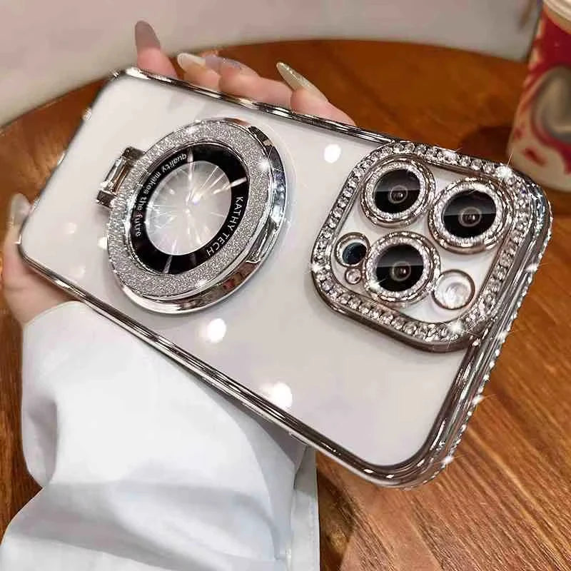 Luxury Glitter Rhinestone Case with Magnetic Holder & Lens Film for iPhone 12–17 Pro Max/Air