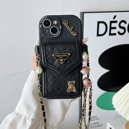 Cute Bling Bear Diamond Crossbody Card Holder Case for iPhone 7–17 Pro Max