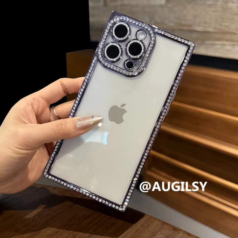 Luxury Plating Diamond Bling Case for iPhone 13–17 Pro Max/Air – Shockproof Square Cover