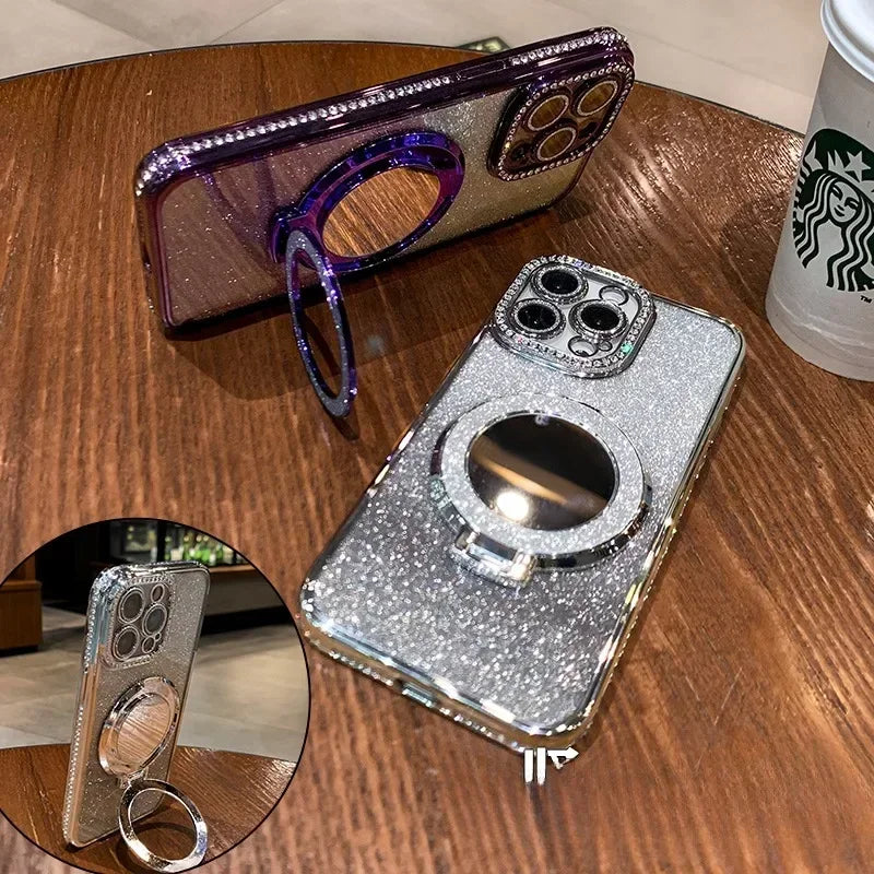 Luxury Diamond Glitter MagSafe Case with Mirror Stand for iPhone 11–17 Pro Max