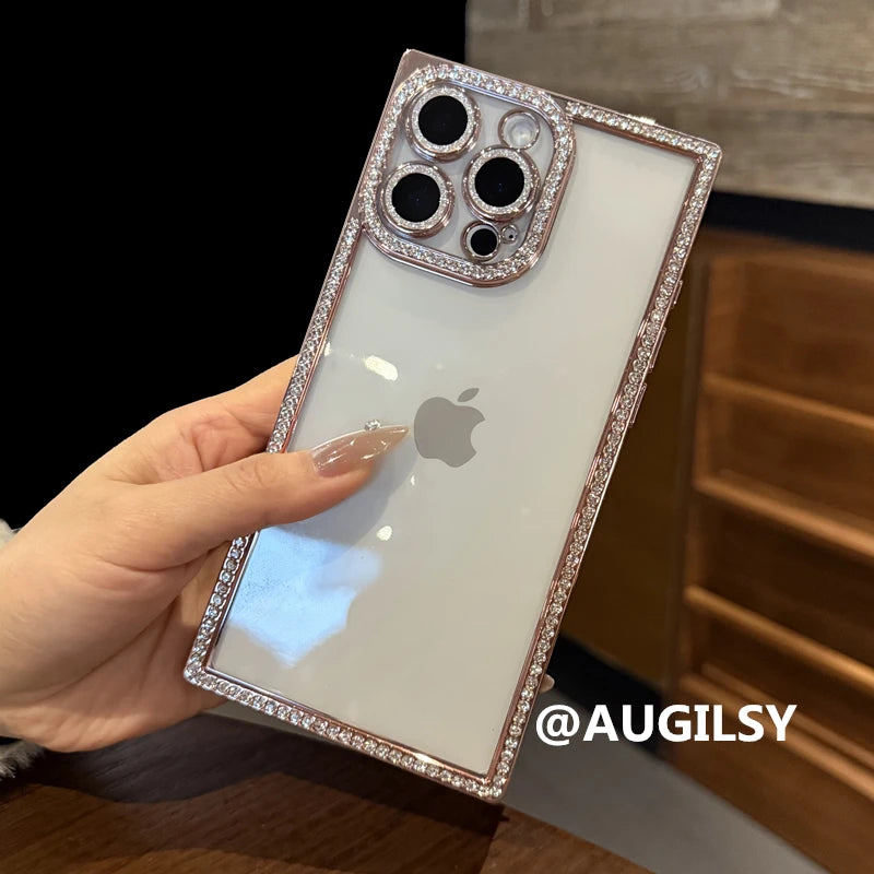 Luxury Plating Diamond Bling Case for iPhone 13–17 Pro Max/Air – Shockproof Square Cover
