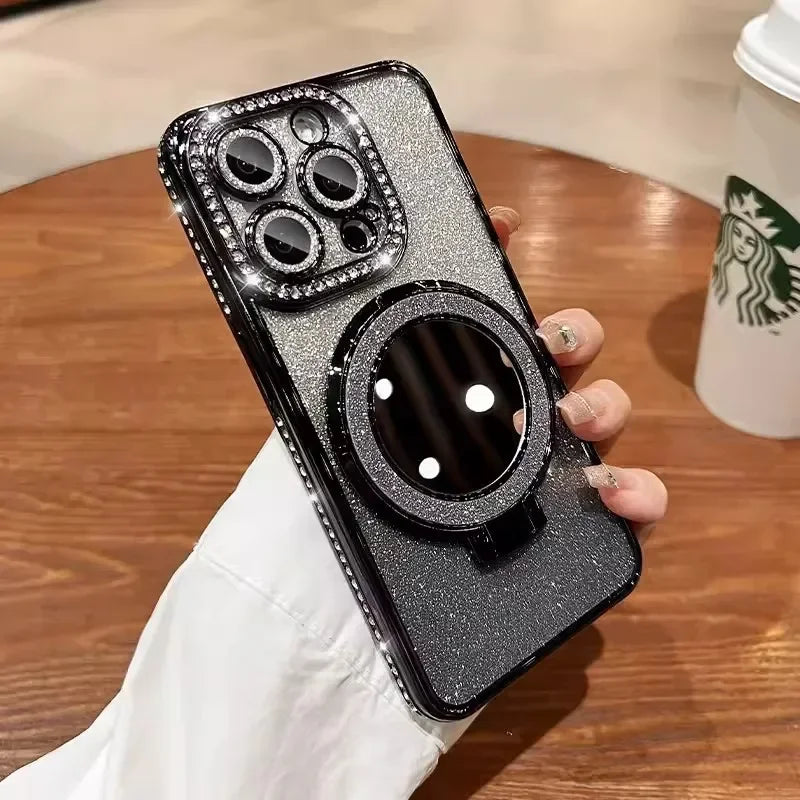 Luxury Diamond Glitter MagSafe Case with Mirror Stand for iPhone 11–17 Pro Max