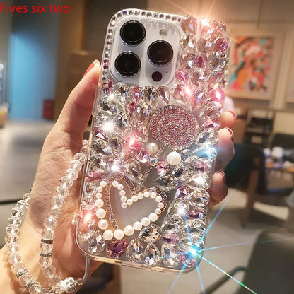 Luxury Bling Lollipop Rhinestone Case with Strap for iPhone 11–17 Pro Max/Air/Plus