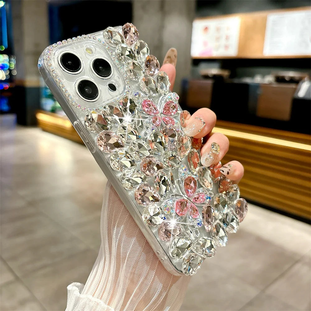 Luxury Glitter Butterfly Rhinestone Case for iPhone 11–17 Pro/Pro Max – Full Bling Cover