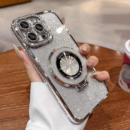 Luxury Glitter Rhinestone Case with Magnetic Holder & Lens Film for iPhone 12–17 Pro Max/Air