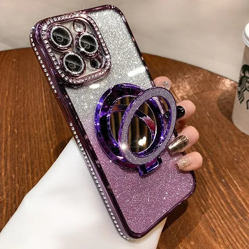 Luxury Diamond Glitter MagSafe Case with Mirror Stand for iPhone 11–17 Pro Max