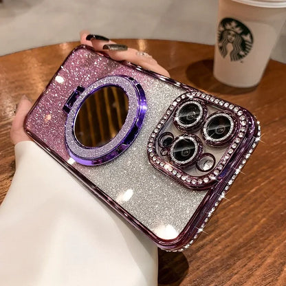 Luxury Diamond Glitter MagSafe Case with Mirror Stand for iPhone 11–17 Pro Max