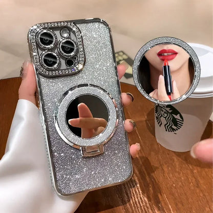 Luxury Diamond Glitter MagSafe Case with Mirror Stand for iPhone 11–17 Pro Max