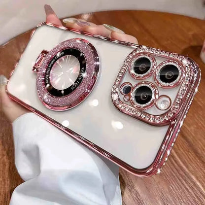 Luxury Glitter Rhinestone Case with Magnetic Holder & Lens Film for iPhone 12–17 Pro Max/Air