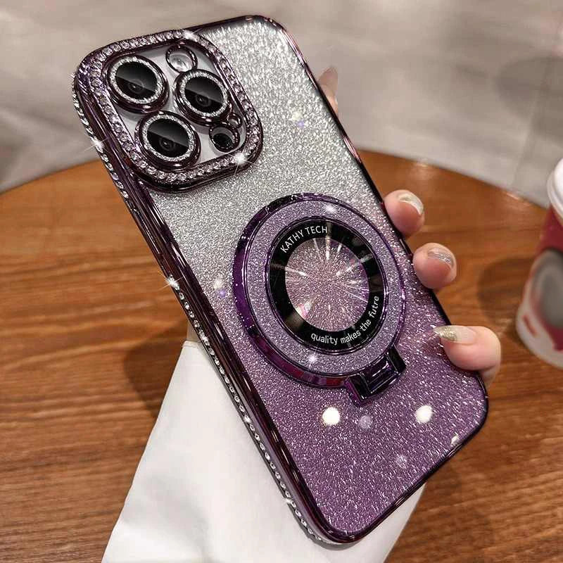 Luxury Glitter Rhinestone Case with Magnetic Holder & Lens Film for iPhone 12–17 Pro Max/Air